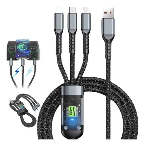 Cable 3 En 1 Micro Usb De Carga Rapida iPhone Android Tipo C Negro