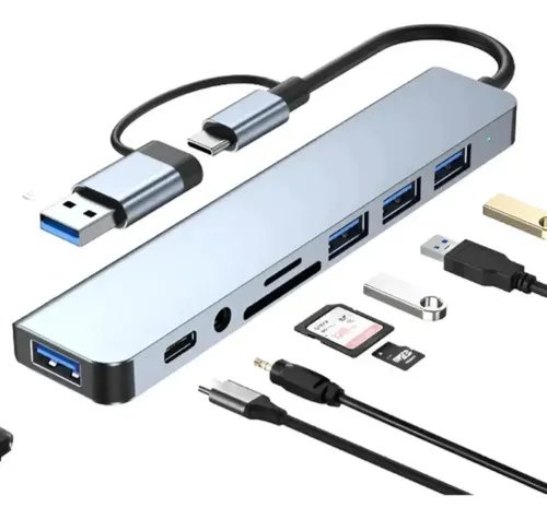 Hub Adaptador 8 En 1 Tipo C 4 Usb Micro Sd Plug 3.5mm Audio Negro